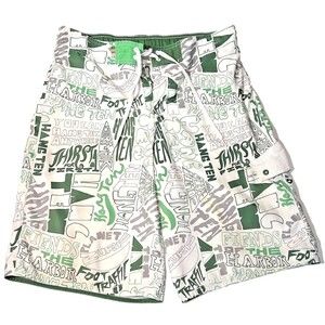 Hang Ten Board‎ Shorts Green White Graffiti Cargo Pocket Lined Sz Med